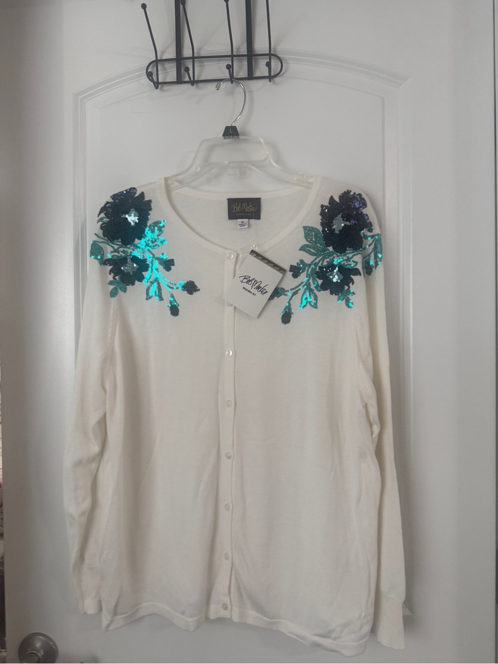 Bob Mackie Cream Cardigan with Teal & Black Sequin Floral Accents